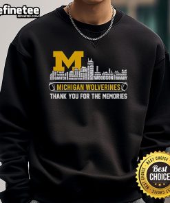 Alt Text: Michigan Wolverines Thank You For The Memories sweatshirt featuring an official skyline design, perfect for fans.