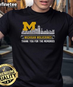 Alt Text: Official Skyline Name Michigan Wolverines Thank You For The Memories T-Shirt featuring iconic team colors and logo.