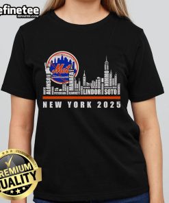 Alt Text: Official New York Mets 2025 ladies tee featuring skyline design, perfect for fans and stylish game day wear.
