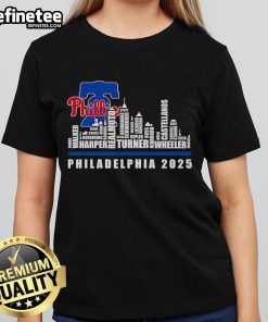 Official Philadelphia Phillies 2025 ladies tee featuring skyline design for stylish fans and game day wear.