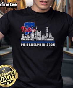 Official Skyline Name Philadelphia Phillies 2025 T-Shirt featuring bold team graphics and stylish design for fans.