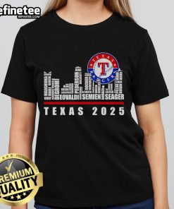 Alt Text: Official Texas Rangers 2025 ladies tee featuring a stylish skyline design, perfect for fans and casual wear.