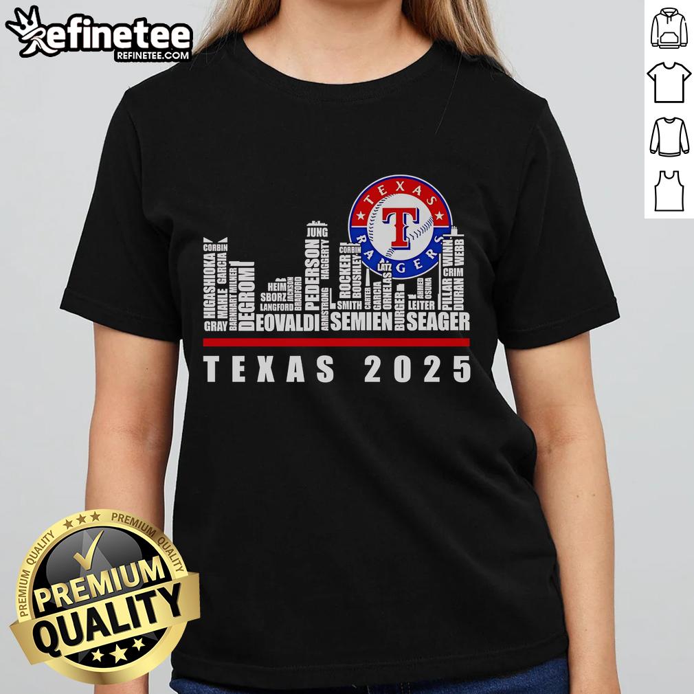 Official Skyline Name Texas Rangers 2025 Ladies Tee Alt Text: Official Texas Rangers 2025 ladies tee featuring a stylish skyline design, perfect for fans and casual wear.