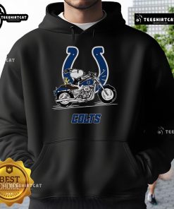 Alt Text: Snoopy and Woodstock riding a motorbike on an Indianapolis Colts hoodie, showcasing playful cartoon design.