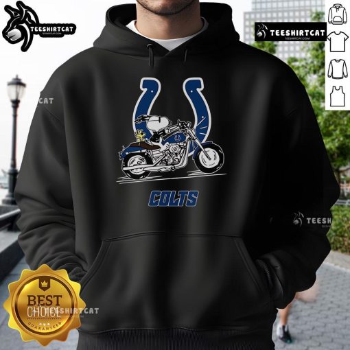 Alt Text: Snoopy and Woodstock riding a motorbike on an Indianapolis Colts hoodie, showcasing playful cartoon design.