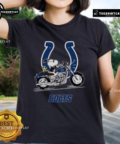 Alt Text: Official Snoopy and Woodstock driving a motorbike on Indianapolis Colts ladies tee shirt design.