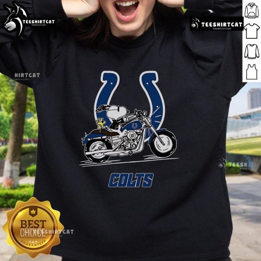 Alt Text: Snoopy and Woodstock on a motorbike wearing an Indianapolis Colts sweatshirt, perfect for fans and collectors.