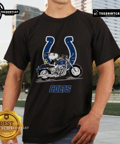 Official Snoopy and Woodstock driving motorbike Indianapolis Colts T-Shirt featuring vibrant graphics and team colors.