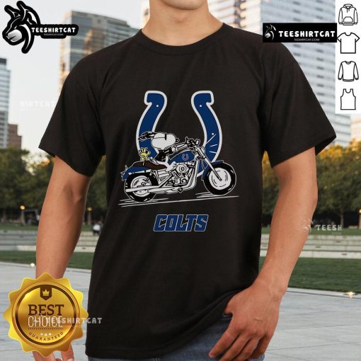 Official Snoopy and Woodstock driving motorbike Indianapolis Colts T-Shirt featuring vibrant graphics and team colors.
