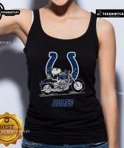 Snoopy and Woodstock riding a motorbike on an Indianapolis Colts tank top, perfect for fans and summer wear.
