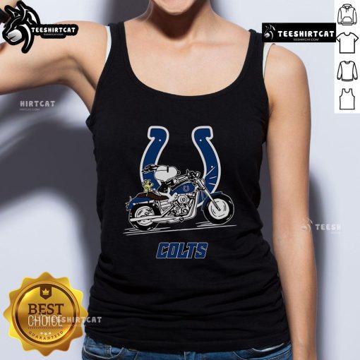 Snoopy and Woodstock riding a motorbike on an Indianapolis Colts tank top, perfect for fans and summer wear.