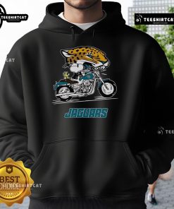 Alt Text: Official Snoopy and Woodstock driving a motorbike on Jacksonville Jaguars hoodie, perfect for NFL fans.