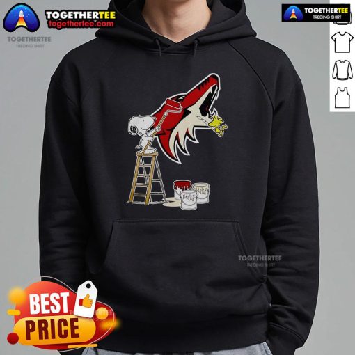 Alt Text: Official Snoopy and Woodstock painting on Arizona Coyotes logo hoodie, showcasing unique NHL-inspired design.