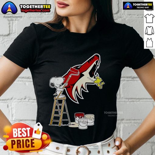 Official Snoopy and Woodstock painting on Arizona Coyotes logo ladies tee, showcasing a fun and stylish design.