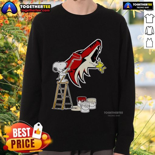 Alt Text: Official Snoopy and Woodstock painting on Arizona Coyotes logo sweatshirt, perfect for fans and collectors.