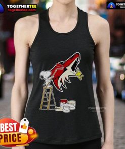 Alt Text: Official Snoopy and Woodstock painting on Arizona Coyotes logo tank top, perfect for hockey fans and Peanuts lovers.