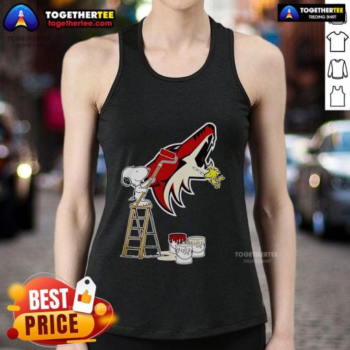 Alt Text: Official Snoopy and Woodstock painting on Arizona Coyotes logo tank top, perfect for hockey fans and Peanuts lovers.