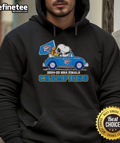 Alt Text: Snoopy and Woodstock celebrating in an OKC Thunder 2024-25 NBA Finals Champions hoodie, showcasing team pride.