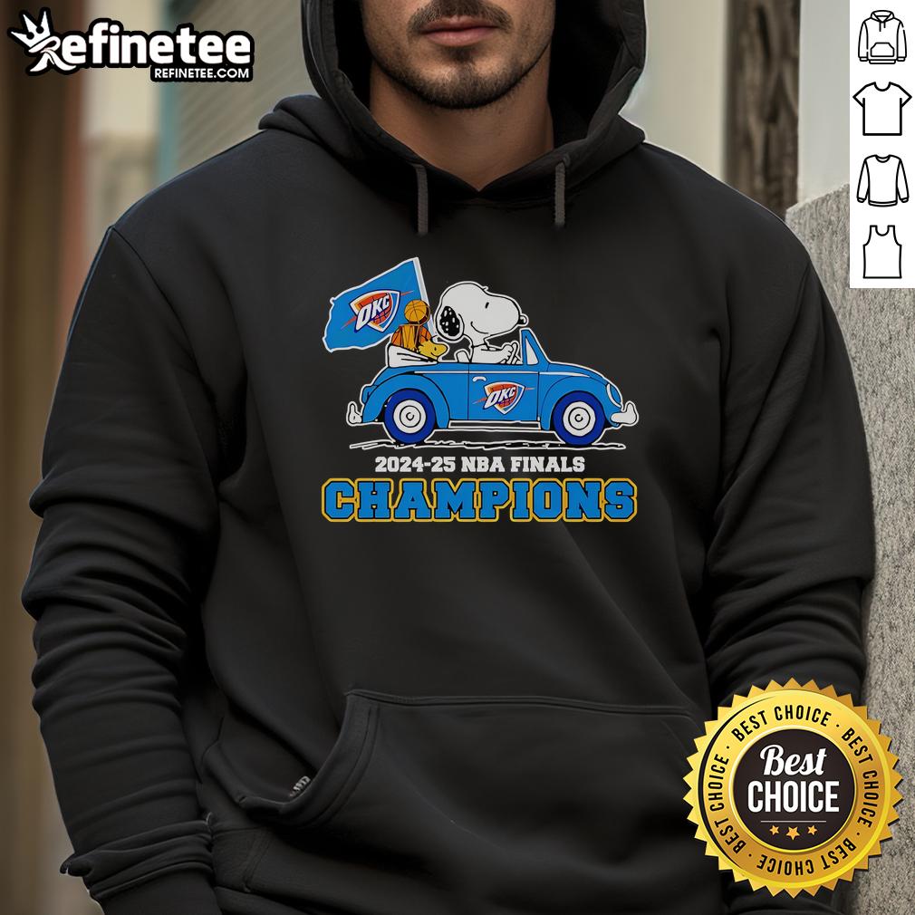 Official Snoopy And Woodstock Riding OKC Thunder 2024-25 NBA Finals Champions Hoodie Alt Text: Snoopy and Woodstock celebrating in an OKC Thunder 2024-25 NBA Finals Champions hoodie, showcasing team pride.