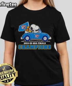 Alt Text: Snoopy and Woodstock celebrate the OKC Thunder 2024-25 NBA Finals Champions in a stylish ladies tee design.