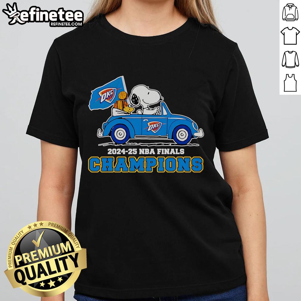 Official Snoopy And Woodstock Riding OKC Thunder 2024-25 NBA Finals Champions Ladies-Tee Alt Text: Snoopy and Woodstock celebrate the OKC Thunder 2024-25 NBA Finals Champions in a stylish ladies tee design.