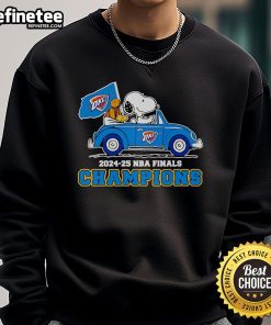 Alt Text: Official Snoopy and Woodstock riding on OKC Thunder 2024-25 NBA Finals Champions sweatshirt design.