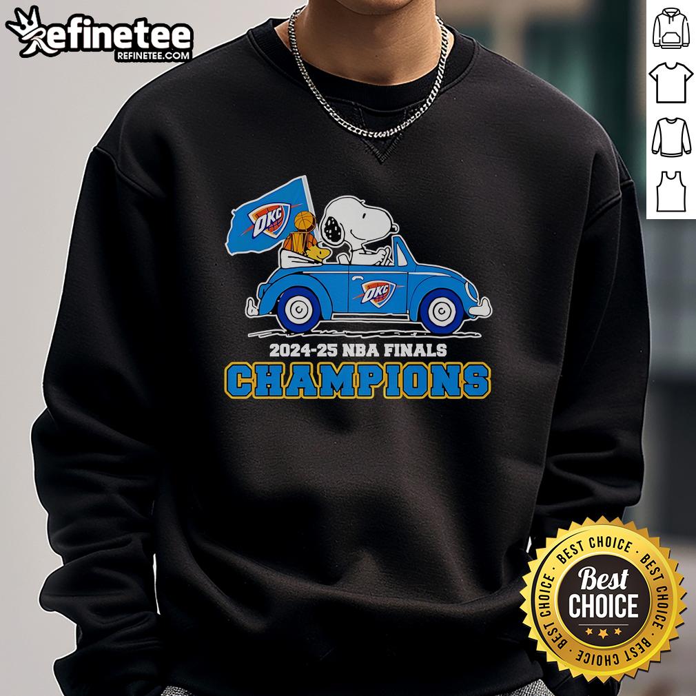 Official Snoopy And Woodstock Riding OKC Thunder 2024-25 NBA Finals Champions Sweatshirt Alt Text: Official Snoopy and Woodstock riding on OKC Thunder 2024-25 NBA Finals Champions sweatshirt design.
