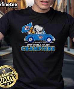 Official Snoopy and Woodstock riding OKC Thunder 2024-25 NBA Finals Champions T-Shirt design featuring vibrant graphics.