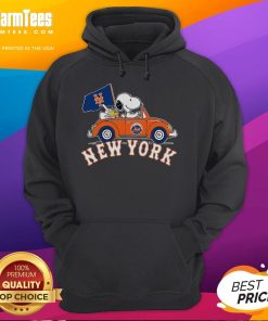 Alt Text: Official Snoopy and Woodstock driving a car in a New York Mets hoodie, perfect for October 2024 fans.