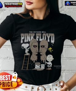 Official Snoopy, Charlie Brown, and Woodstock painting on Division Bell Pink Floyd ladies tee, showcasing vibrant artwork.