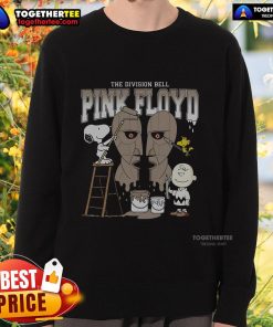 Alt Text: Official Snoopy, Charlie Brown, and Woodstock painting on a Pink Floyd Division Bell sweatshirt design.