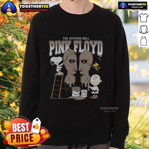 Alt Text: Official Snoopy, Charlie Brown, and Woodstock painting on a Pink Floyd Division Bell sweatshirt design.