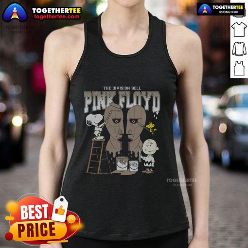 Alt Text: Official Snoopy, Charlie Brown, and Woodstock painting on a Pink Floyd Division Bell tank top for fans.
