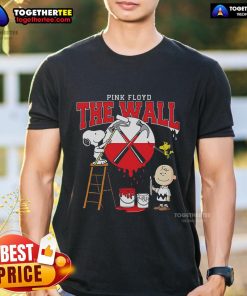 Official Snoopy, Charlie Brown, and Woodstock painting a wall on a Pink Floyd T-shirt, vibrant and playful design.