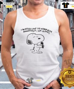 Alt Text: Official Snoopy 'I Would Like To Formally Announce I Am Sleepy' tank top design featuring Snoopy in a relaxed pose.