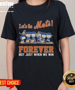 Alt Text: Official Snoopy Peanuts New York Mets ladies tee with 'Let's Go Mets Forever' slogan, perfect for fans.