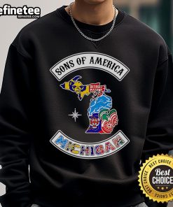 Alt Text: Official Sons of America Michigan sports sweatshirt featuring bold logo and cozy design, perfect for fans and outdoor wear.