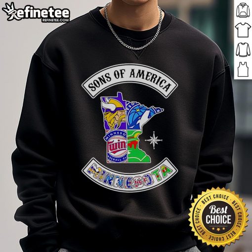 Alt Text: Official Sons of America Minnesota sports sweatshirt featuring a stylish design and vibrant team colors.