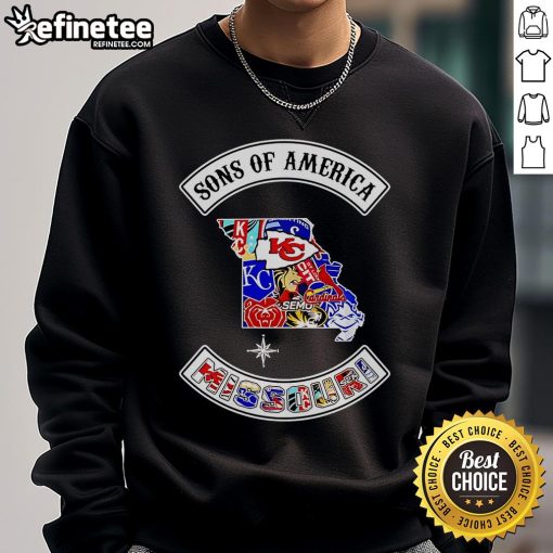 Alt Text: Official Sons of America Missouri sports sweatshirt featuring logo and comfortable design, perfect for fans and casual wear.