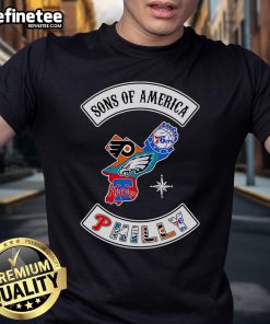 Alt Text: Official Sons Of America Philadelphia Sports T-Shirt featuring team logos and vibrant colors for fans and athletes.