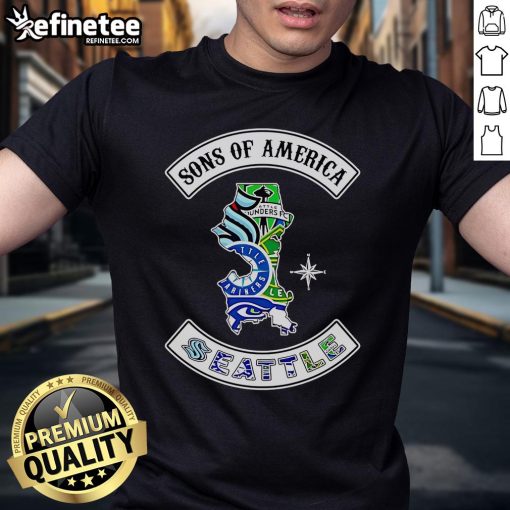 Alt Text: Official Sons of America Seattle Sports T-Shirt featuring vibrant team colors and logo, perfect for fans.