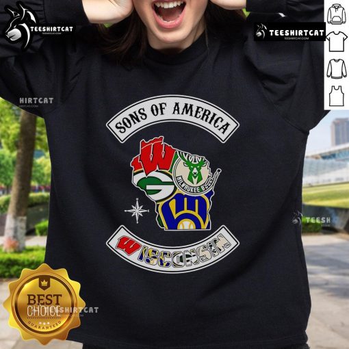 Alt Text: Official Sons of America Wisconsin sports sweatshirt featuring a bold logo and comfortable design for fans.