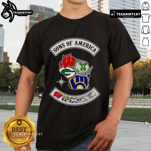 Official Sons of America Wisconsin Sports T-Shirt featuring bold graphics and vibrant colors for fans.