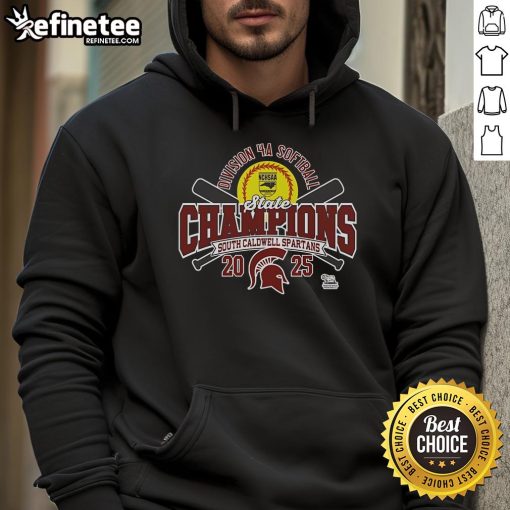 Alt Text: Official South Caldwell Spartans 2025 NCHSAA Womens 4A Softball State Champions hoodie in navy blue, showcasing team pride.