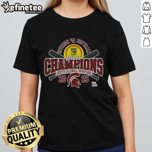 Alt Text: Official South Caldwell Spartans 2025 NCHSAA Women's 4A Softball State Champions Ladies Tee shirt design.