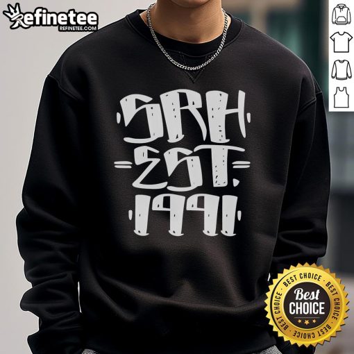 Official SRH Est 1991 sweatshirt in black, featuring bold logo and comfortable fit, perfect for casual wear.