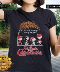 Alt Text: Official St. Louis Cardinals 'It's The Most Wonderful Time Of The Year' Ladies Tee, perfect for festive baseball fans.