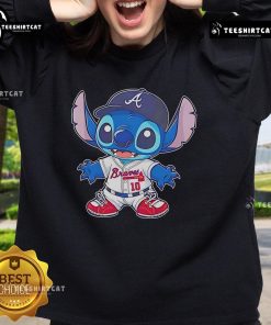 Official Stitch Atlanta Braves baseball sweatshirt in navy blue, featuring team logo and comfortable fit for fans.
