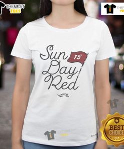 Official Sun Day Red 15 Bay Ladies Tee showcasing a vibrant red design, perfect for casual summer outings.