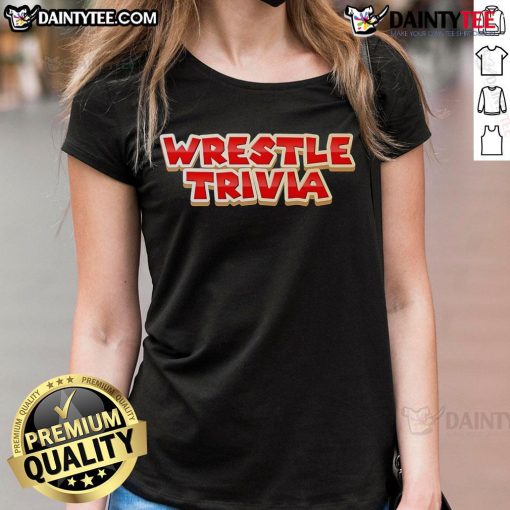 Official Super Wrestling Trivia logo on a stylish ladies tee, perfect for wrestling fans and trivia enthusiasts.